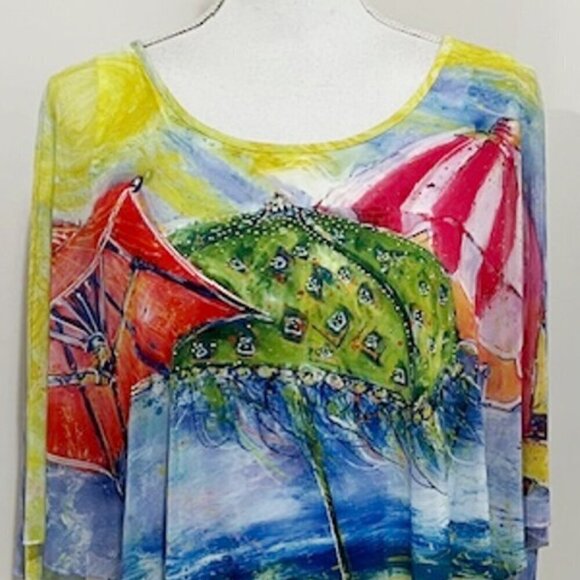 Leoma Lovegrove Colorful Tropical Overlay Top Beach Scene Art To Wear - Picture 2 of 7